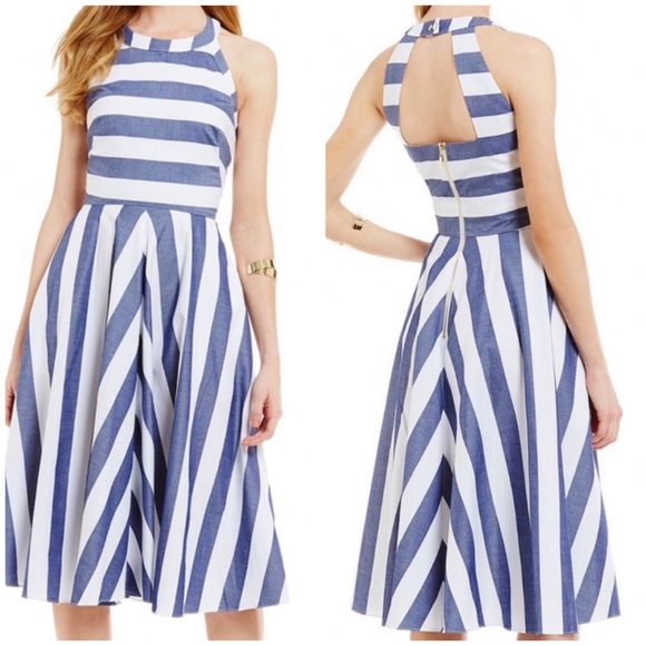 ELIZA J Cotton Striped Open Back Fit & Flare Dress with Pockets Size 12
